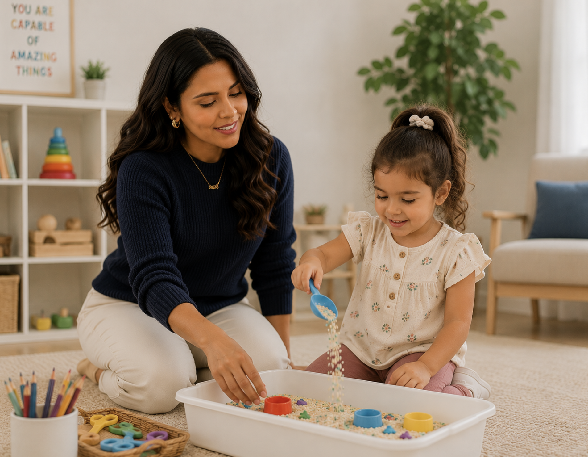A woman with long dark hair and gold jewelry, sitting on the floor, helping a young girl with curly hair and a white scrunchie, play with colorful toy shapes in a sensory bin. The room has a bookshelf, a potted plant, and a cheerful motivational poster on the wall.