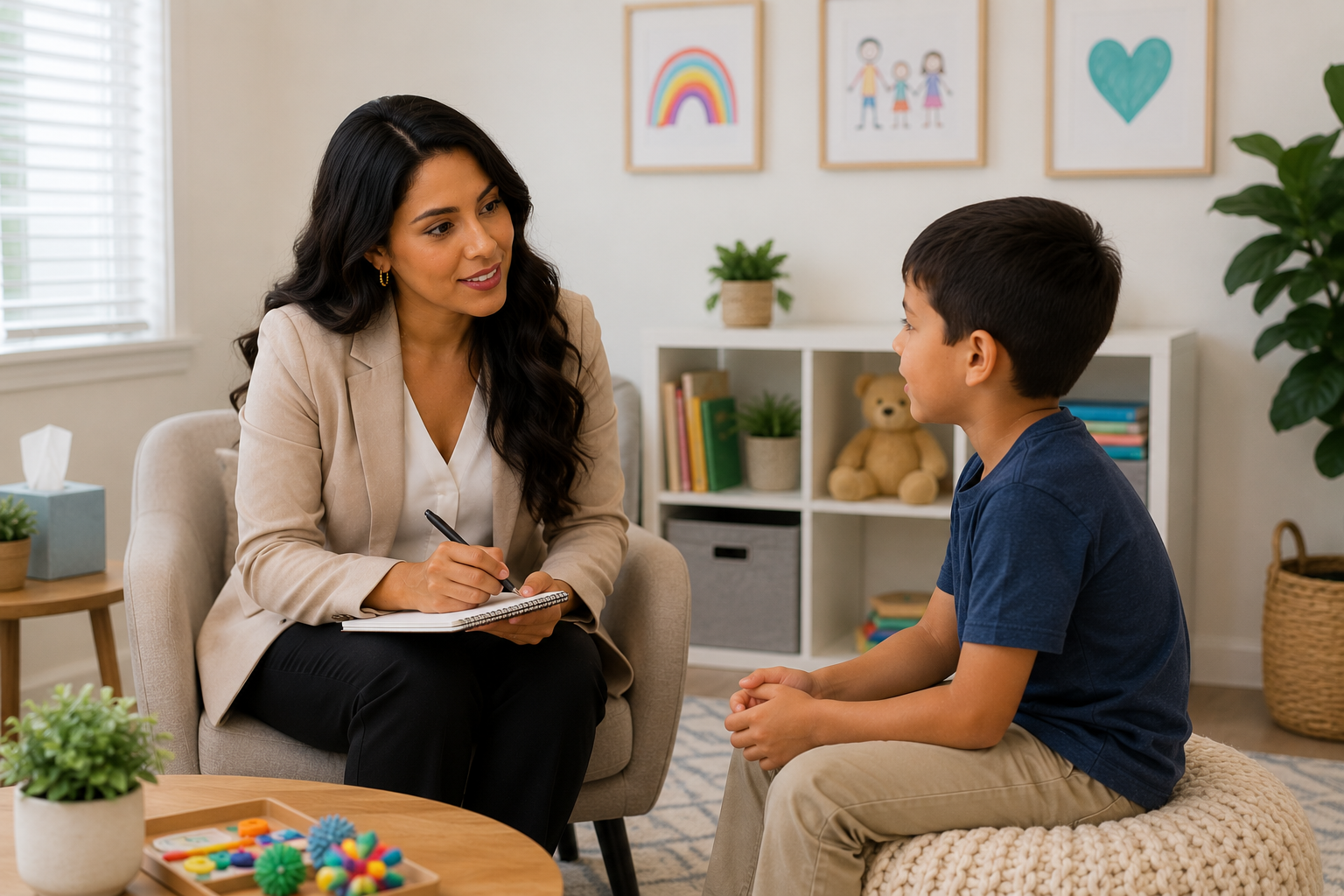 A woman and boy engaged in conversation in a cozy, well-decorated room with children's artwork on the wall and plush toys on shelves.