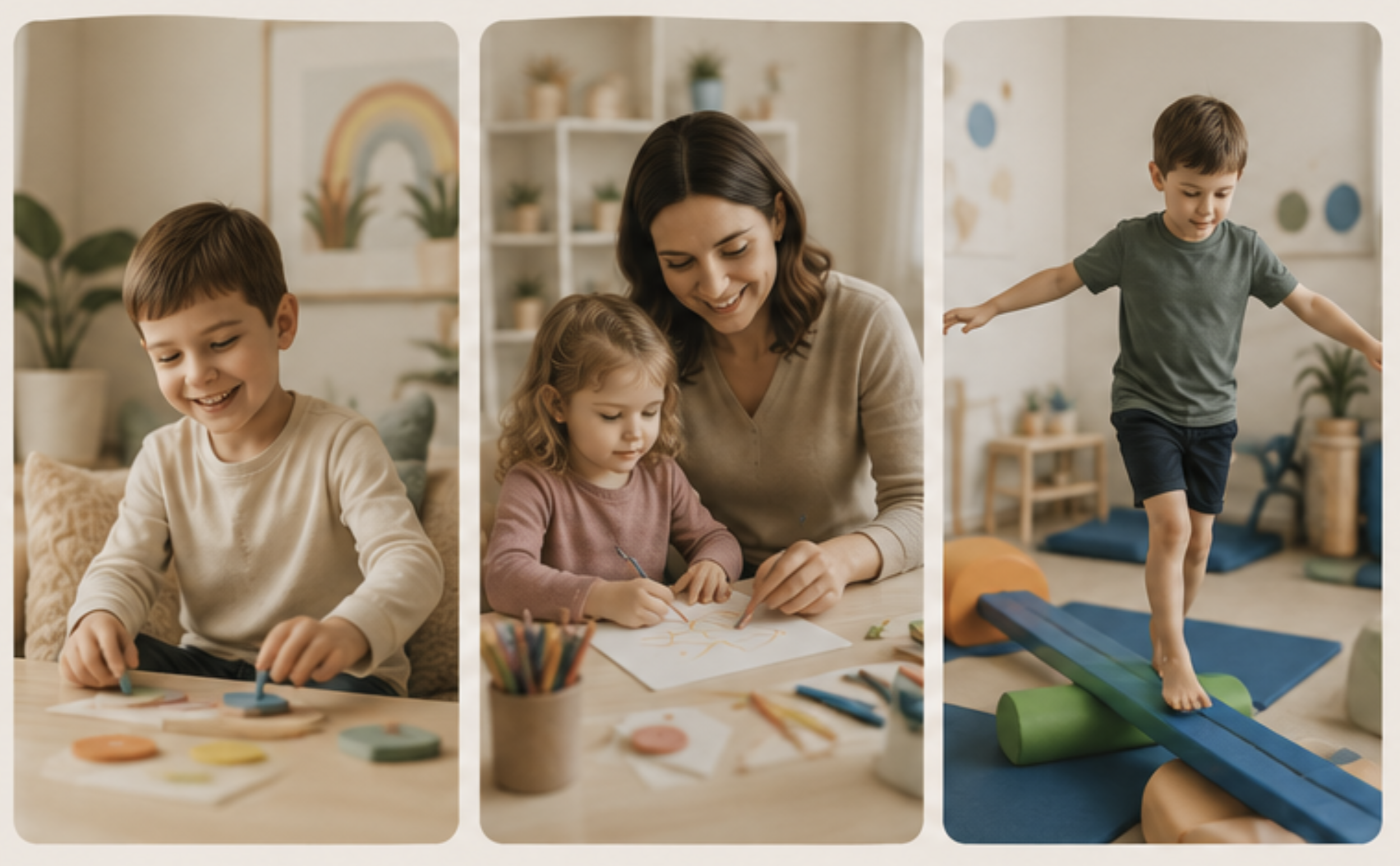 A collage of three images showing a boy and a girl with a woman, possibly their mother, in a brightly decorated room. The first image shows the boy sitting at a table coloring, the second shows the woman and girl drawing together, and the third shows the boy balancing on a foam roller on a padded gym mat in the room.