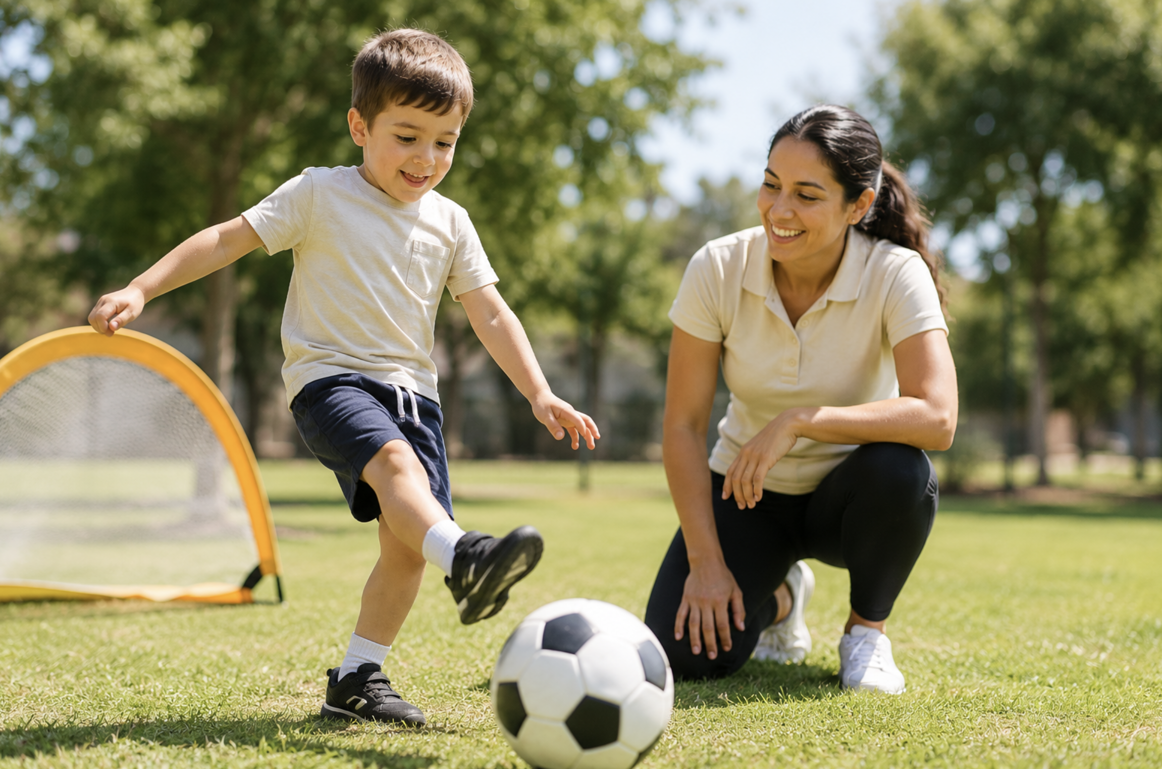 A young boy kicking a soccer ball while kneeling on the grass, with a woman, possibly his coach or mother, smiling beside him outdoors on a sunny day.