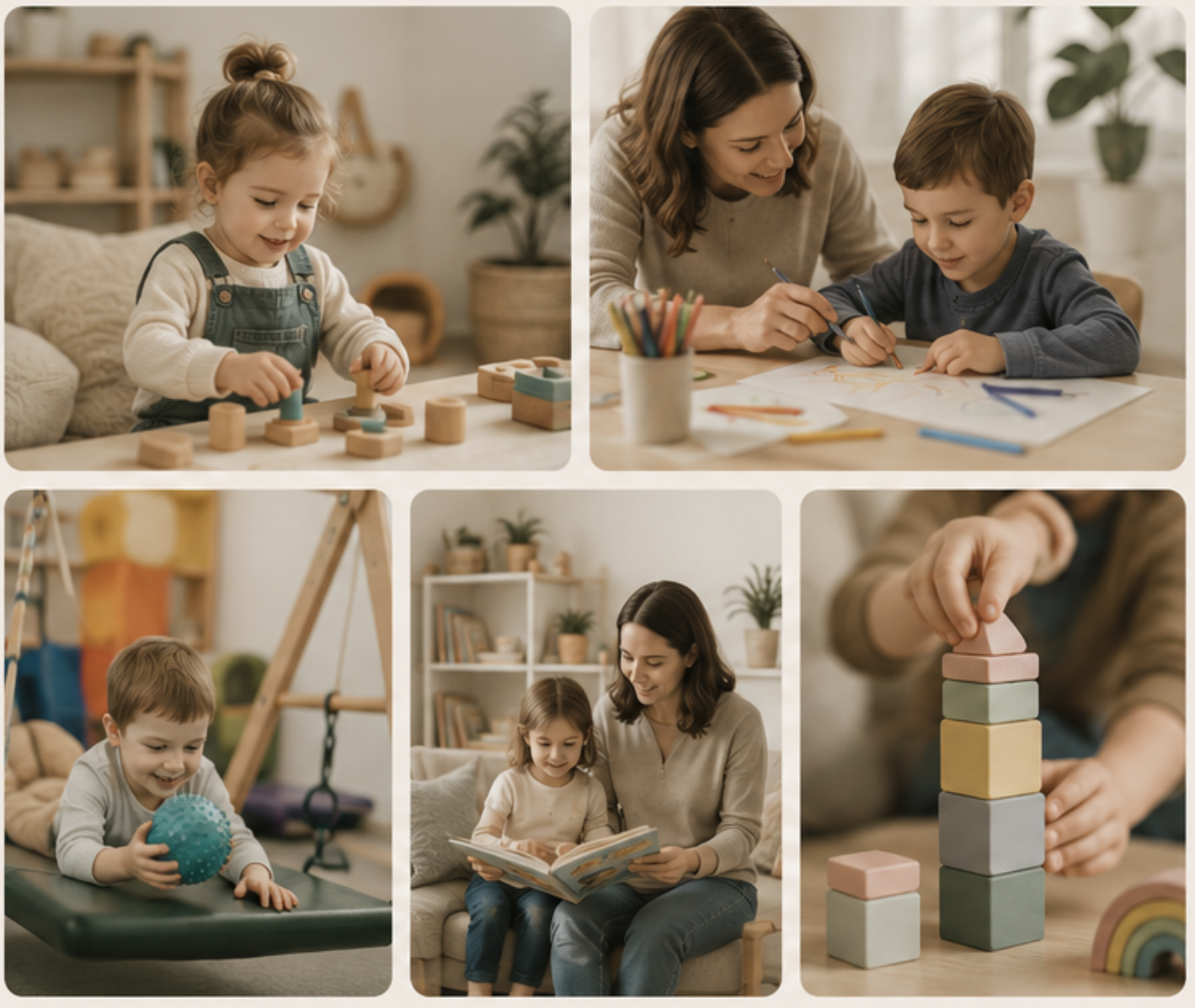A collage of photos showing children and a woman engaging in various indoor activities. The children are playing with toys, reading, and building with blocks, while the woman supervises and interacts with them, all in a cozy, well-lit room with potted plants and shelves.