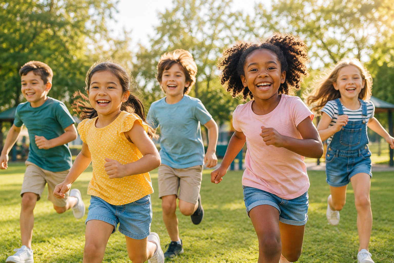 Group of children running and playing outdoors in a park on a sunny day, smiling and having fun.