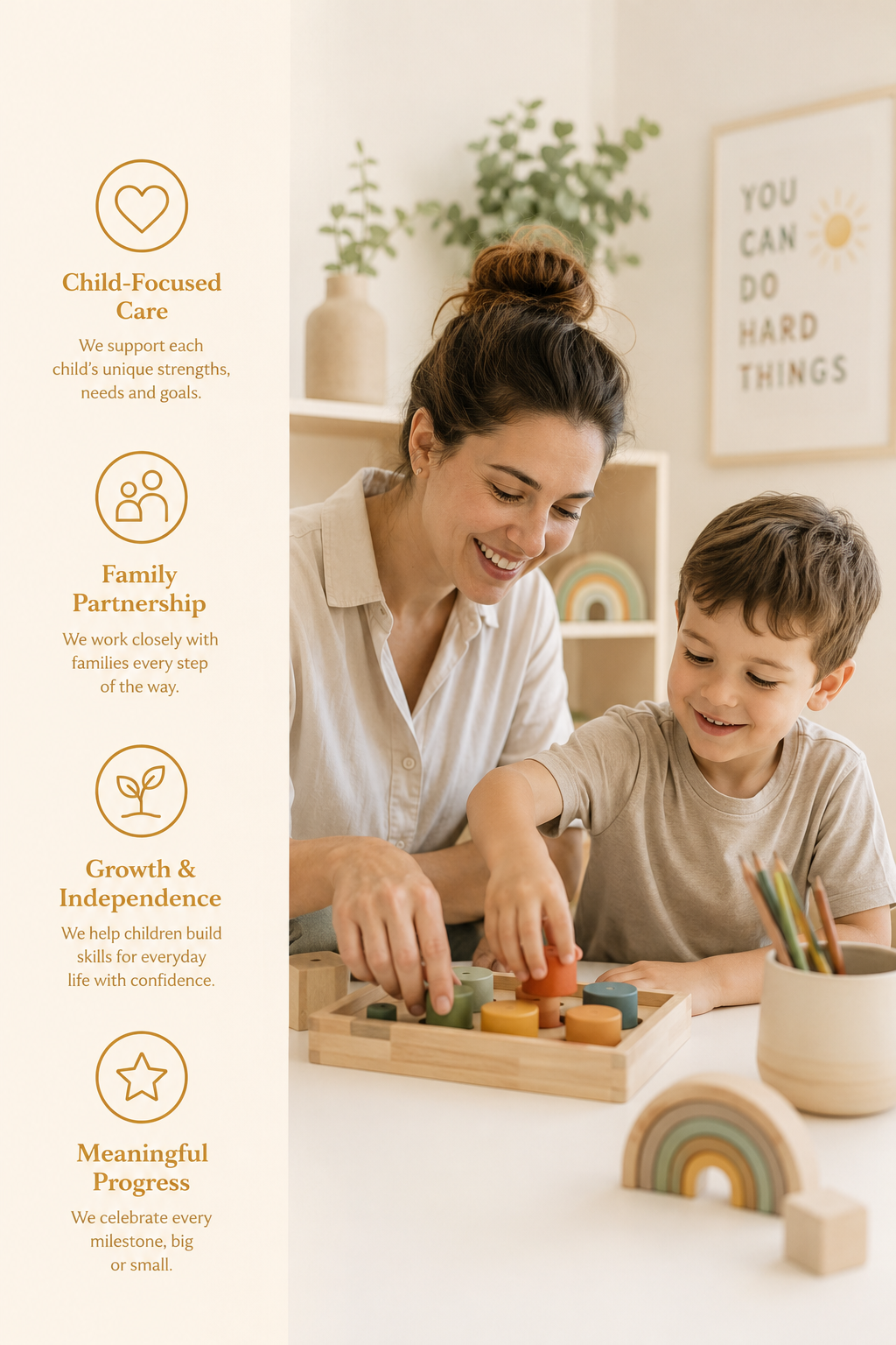A smiling woman and young boy playing with colorful wooden toys at a table in a bright, cozy room with decor and a framed quote on the wall.