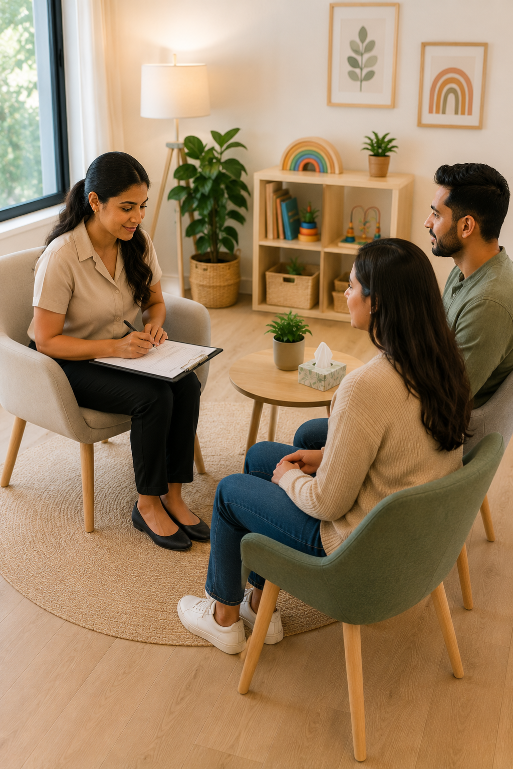 A woman therapist taking notes during a therapy session with a couple sitting across from her in a cozy, well-lit room with plants and family-friendly decorations.