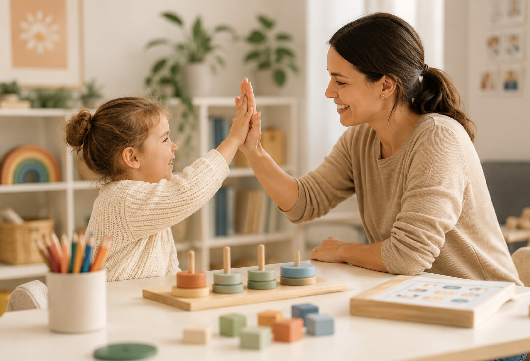 A woman and a young girl giving each other a high five at a table with colorful children's toys, in a cozy room with plants and framed pictures on the wall.
