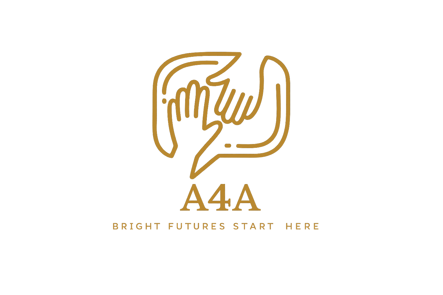 A neon sign with the outline of two hands facing each other, surrounded by a speech bubble outline, with the text 'A4A' and the slogan 'Bright futures start here' below.