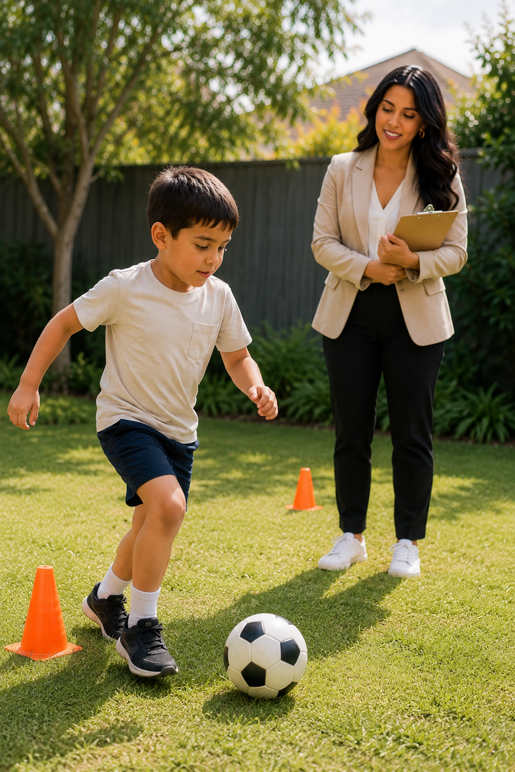 A young boy in a white t-shirt and blue shorts dribbling a soccer ball between orange cones while a woman in a beige blazer and black pants watches on, holding a clipboard, in a backyard on a sunny day.