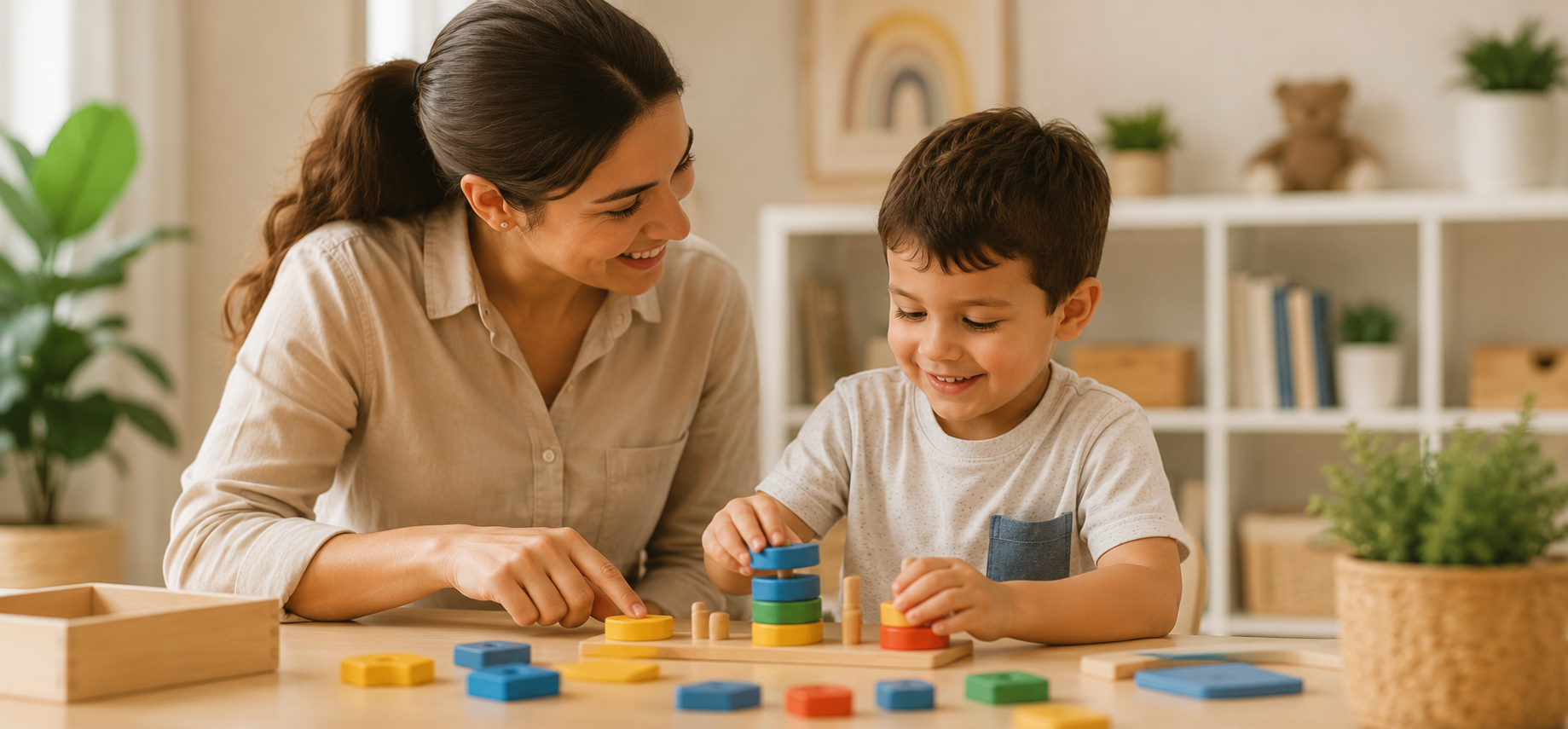 A woman and a young boy playing a stacking block game at a table, smiling and enjoying each other's company in a cozy, well-lit room with bookshelves and greenery.