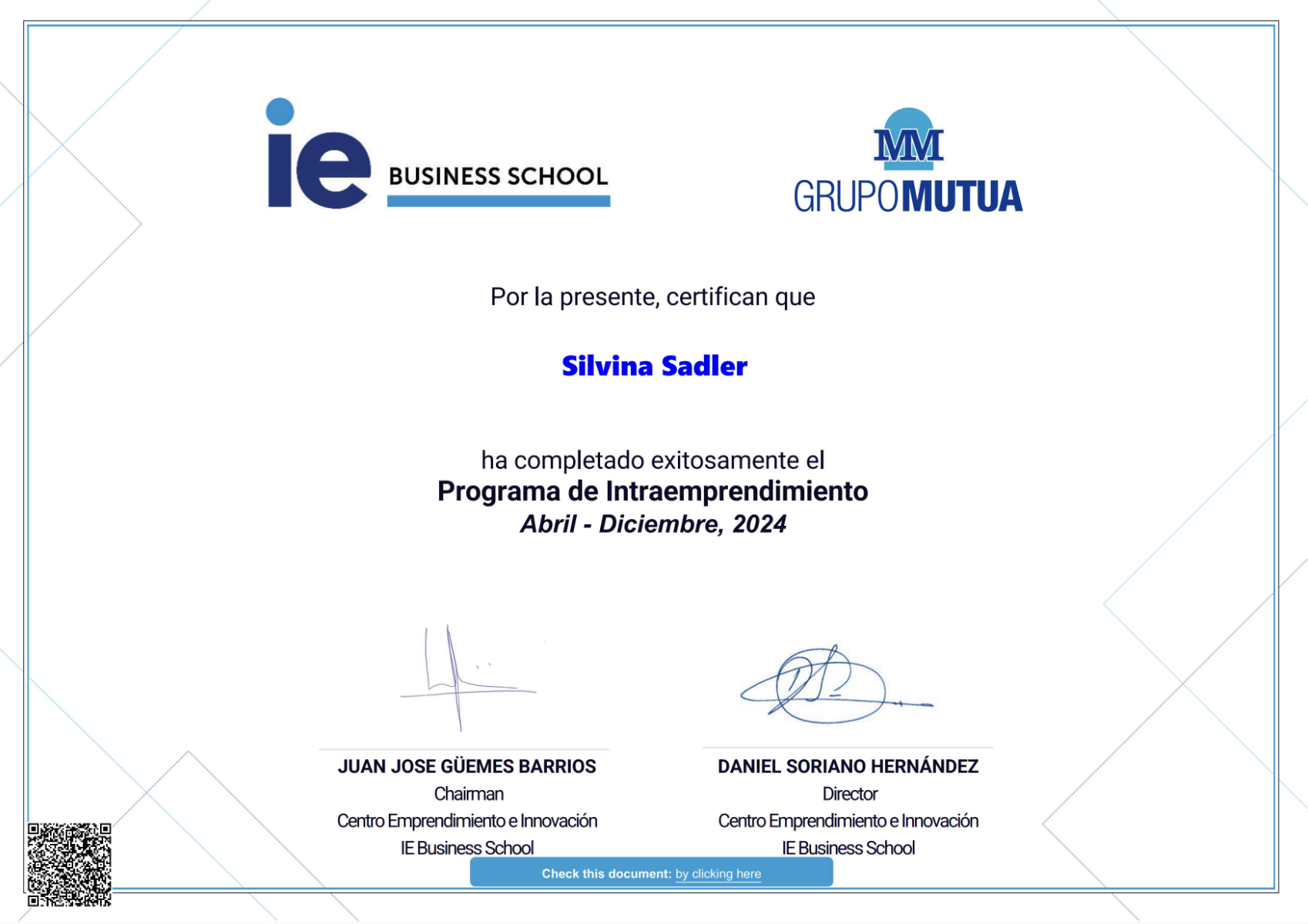 Certificado de finalización del programa de intraemprendimiento de IE Business School y Grupo Mutua, firmado por Juan Jose Güemes Barrios y Daniel Soriano Hernández, fechado en diciembre de 2024.