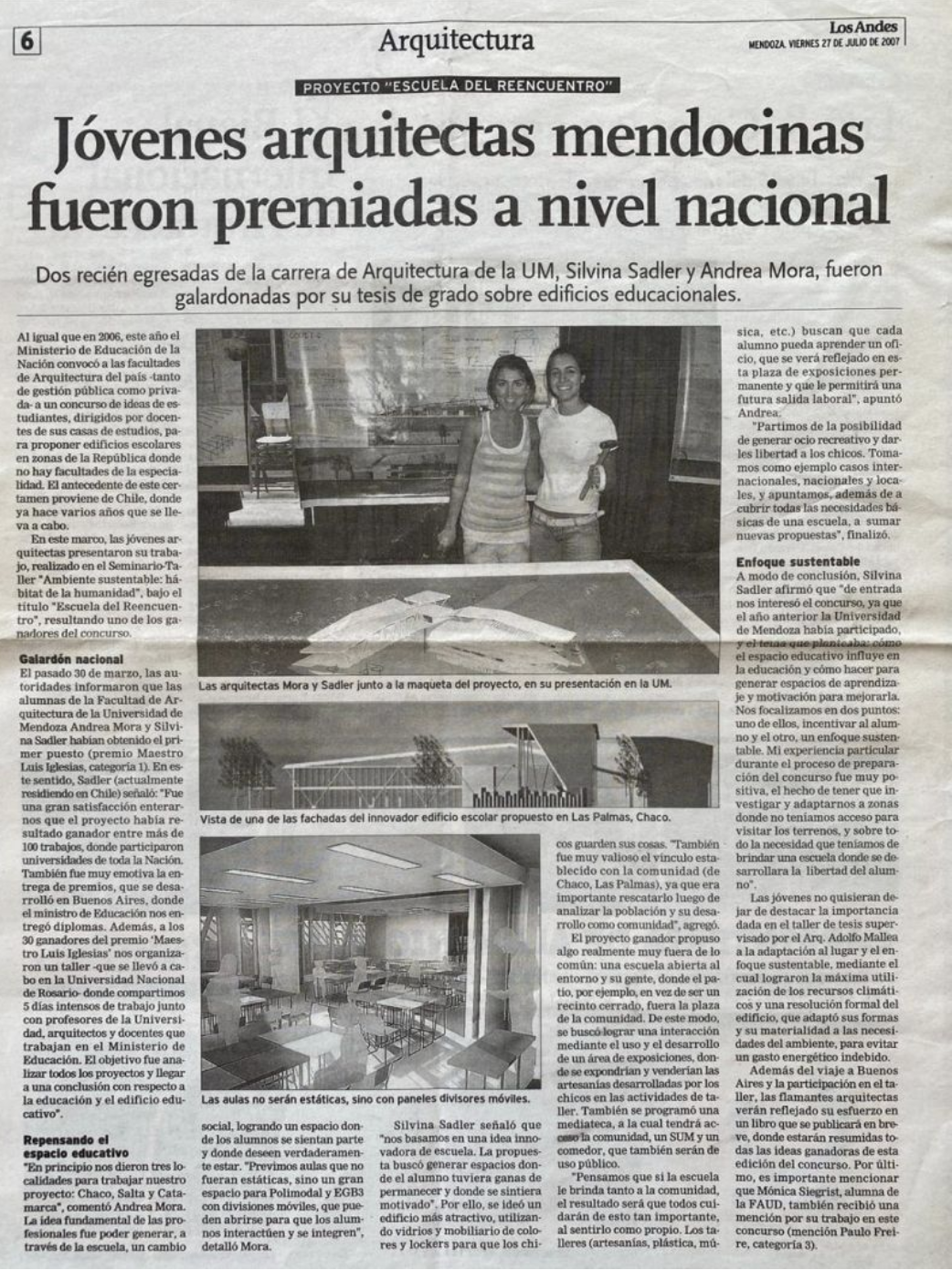 Artículo de periódico Los Andes de Mendoza, Argentina, sobre jóvenes arquitectas premiadas en un concurso nacional del ministerio de Educación de la Nación con fotos de ellas.