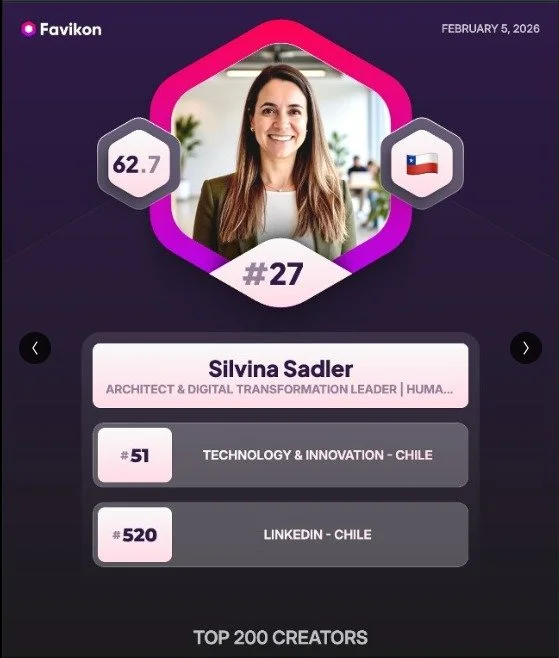 Tarjeta digital con perfil de mujer, nombres, datos y logros en redes sociales y tecnología, fondo oscuro con detalles en rosa y gris, fecha 5 de febrero de 2026.