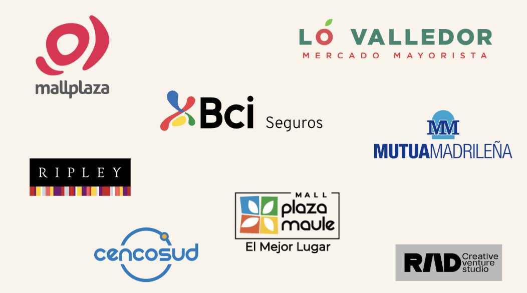 Logos de diferentes marcas y negocios en un fondo blanco, incluyendo Mallplaza, Lo Valledor Mercado Mayorista, Bci Seguros, MUTUA MADRILEÑA, RIPLEY, Mall Plaza Maule, Cencosud, y RAD Creative Venture Studio.