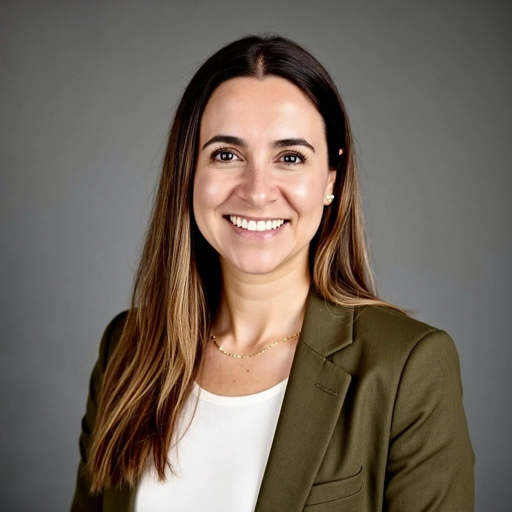 Retrato de una mujer con cabello castaño, sonriendo y vestida con abrigo verde y blusa blanca, contra fondo gris.
