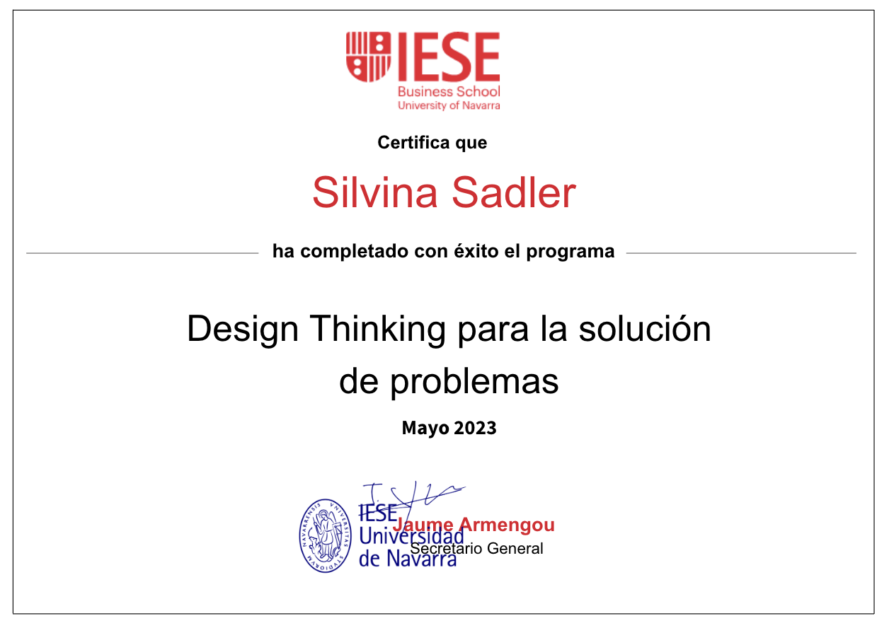 Certificado de finalización del programa 'Design Thinking para la solución de problemas' de la Escuela de Negocios IESE, Universidad de Navarra, mayo 2023, firmado por Jaume Armengou.