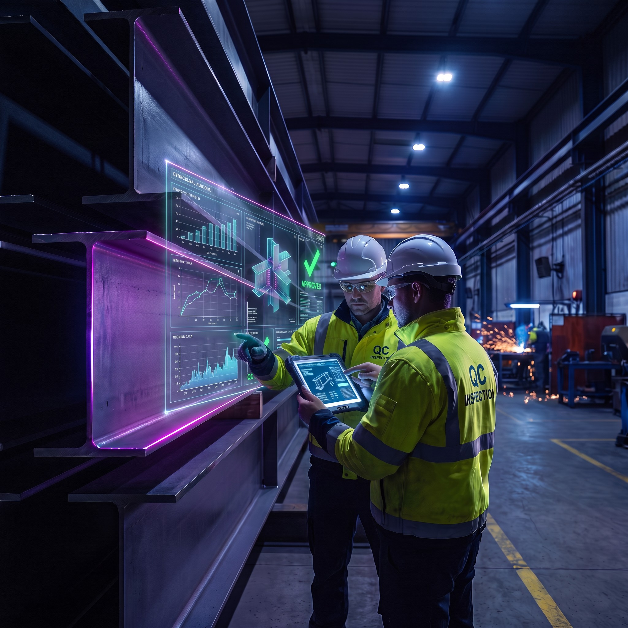 Structural steel fabrication inspection team reviewing shop-floor QA data on digital tablet displays.