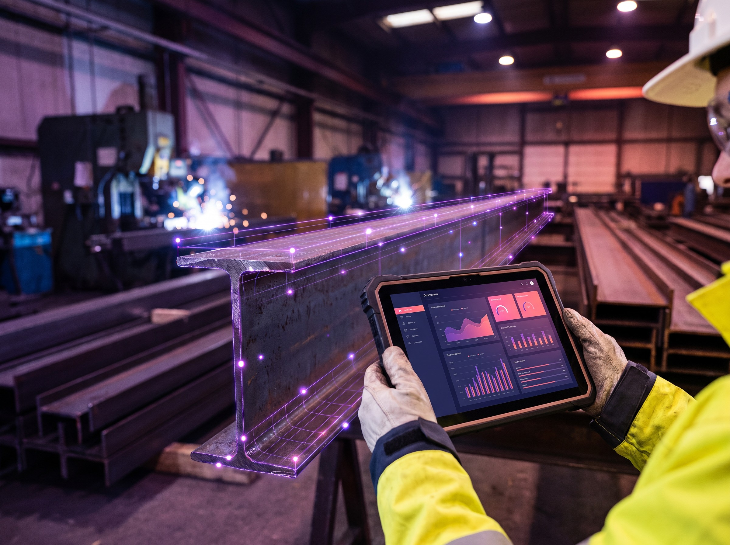 Real-time material traceability and production monitoring on a structural steel fabrication floor.
