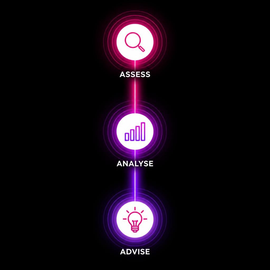 Digital-3A integration workflow diagram showing Assess, Analyse, and Advise stages on a black background.
