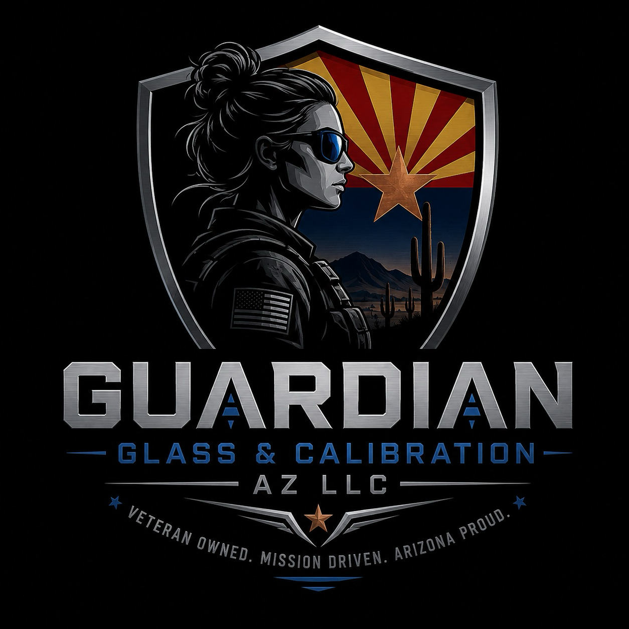 A logo for Guardian Glass & Calibration AZ LLC featuring a side profile of a woman in a military uniform with sunglasses, set against a desert landscape with mountains, cacti, and a starburst. The logo includes text indicating it is veteran owned, mission driven, and based in Arizona.