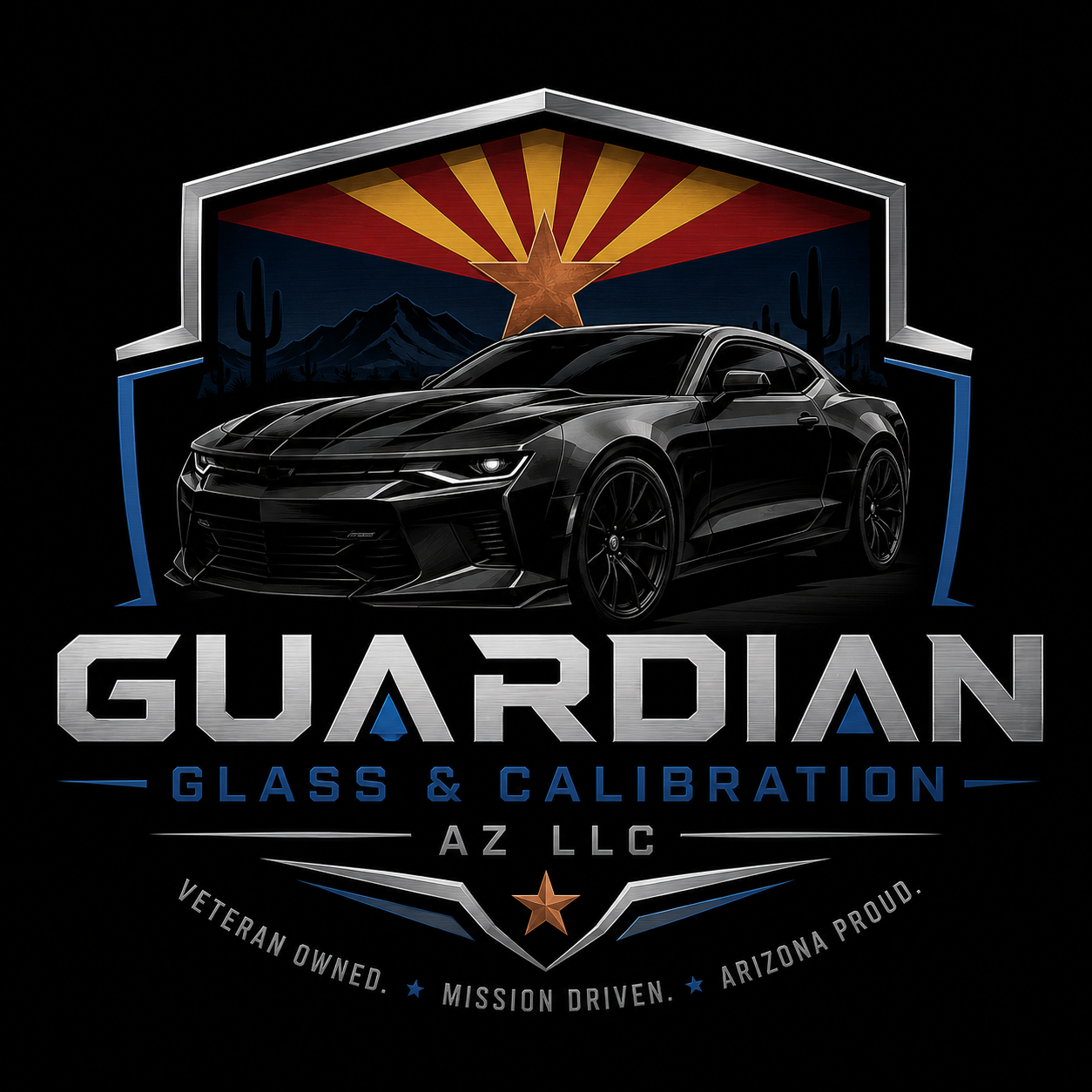 A black sports car is centered in a logo for Guardian Glass & Calibration AZ LLC with an Arizona desert background and a large sun with rays, mountains, and cacti, with text indicating veteran ownership, mission driven, and Arizona pride.
