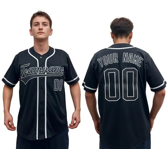 A young man in a black baseball jersey with white accents, facing forward and slightly to the right, and another in the same jersey facing away, showing the back with the words 'Your Name' and the number 00.