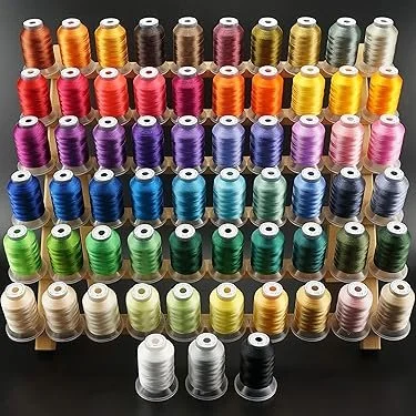 A neatly organized display of 50 spools of sewing thread arranged in a grid with 10 rows and 5 columns, featuring various colors including shades of brown, pink, orange, purple, blue, green, and white.
