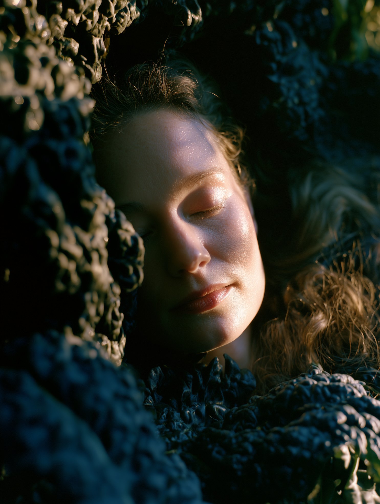 Close-up of a person's face with closed eyes, surrounded by textured dark cavolo nero, illuminated by warm sunlight.
