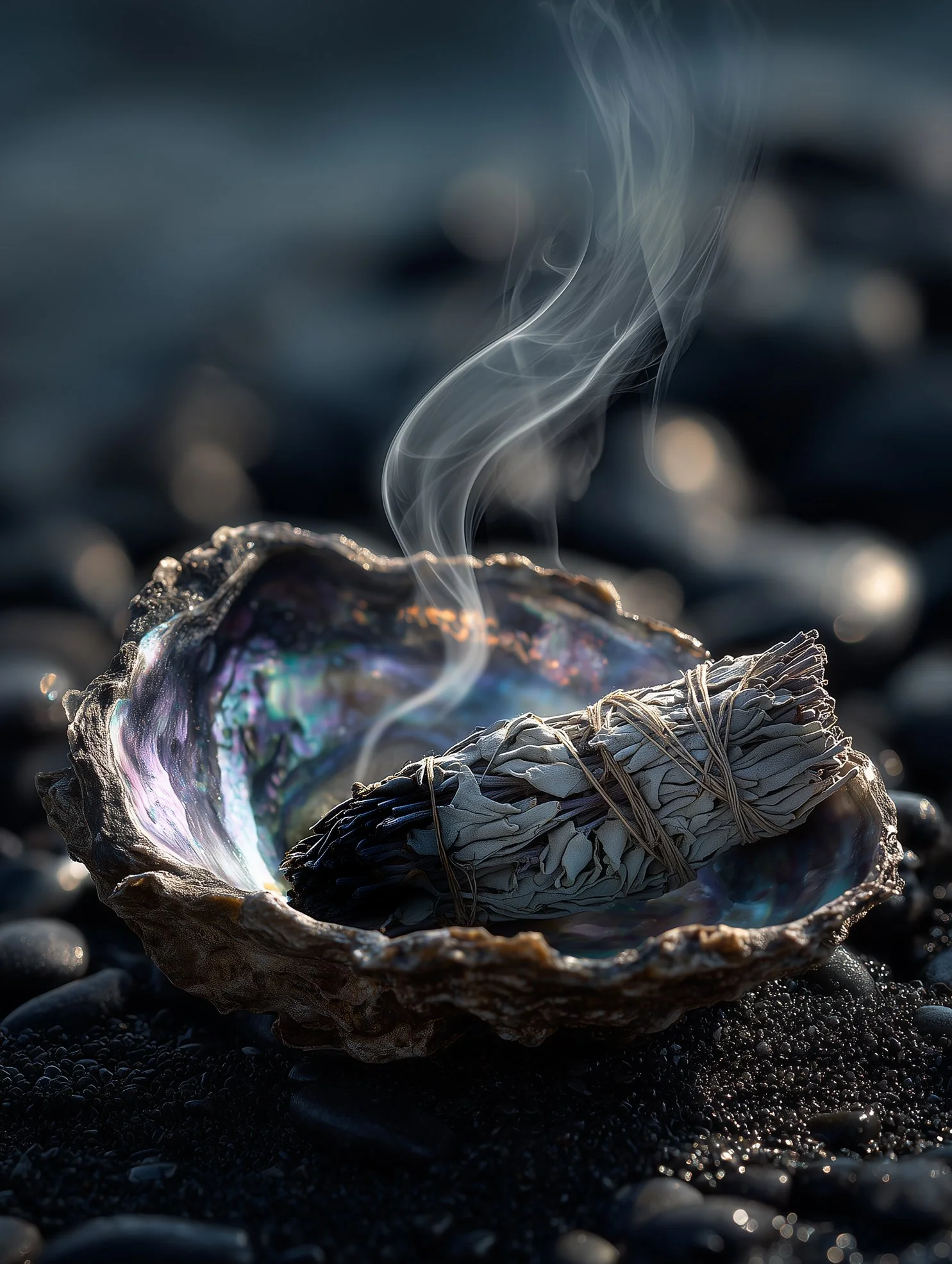 A burning sage on a dark pebble beach, cleansing energies, with wispy white smoke rising from it.