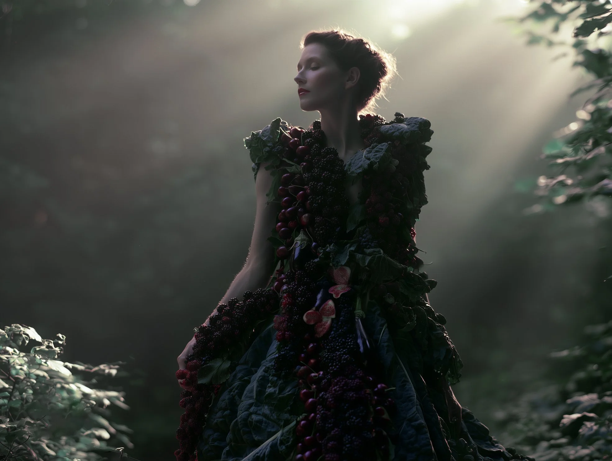 A woman with short reddish hair and red lipstick standing outdoors in soft sunlight, wearing a dress made of dark, ripe berries and leafy accents, representing you become what you eat.