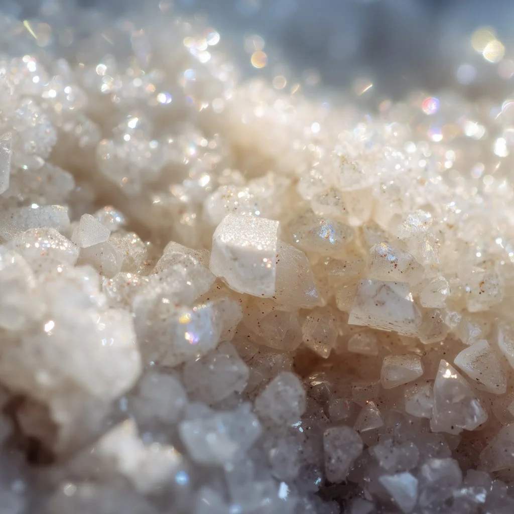 Close-up of shimmering quartz crystals on a surface with a soft, blurry background.