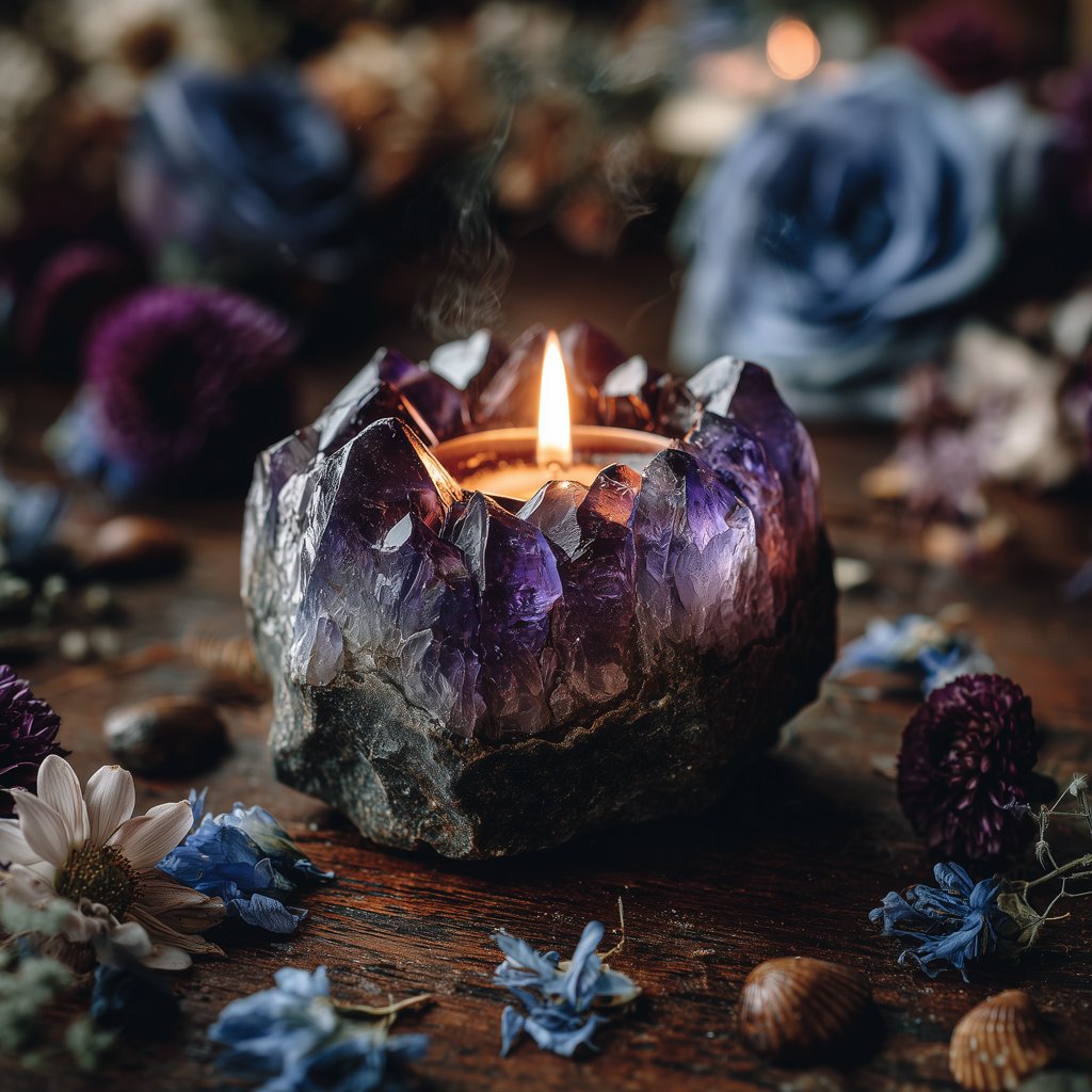 Close-up of a small candle flame inside a purple reflective amethyst candle holder and blue and purple flowers on a wooden surface.