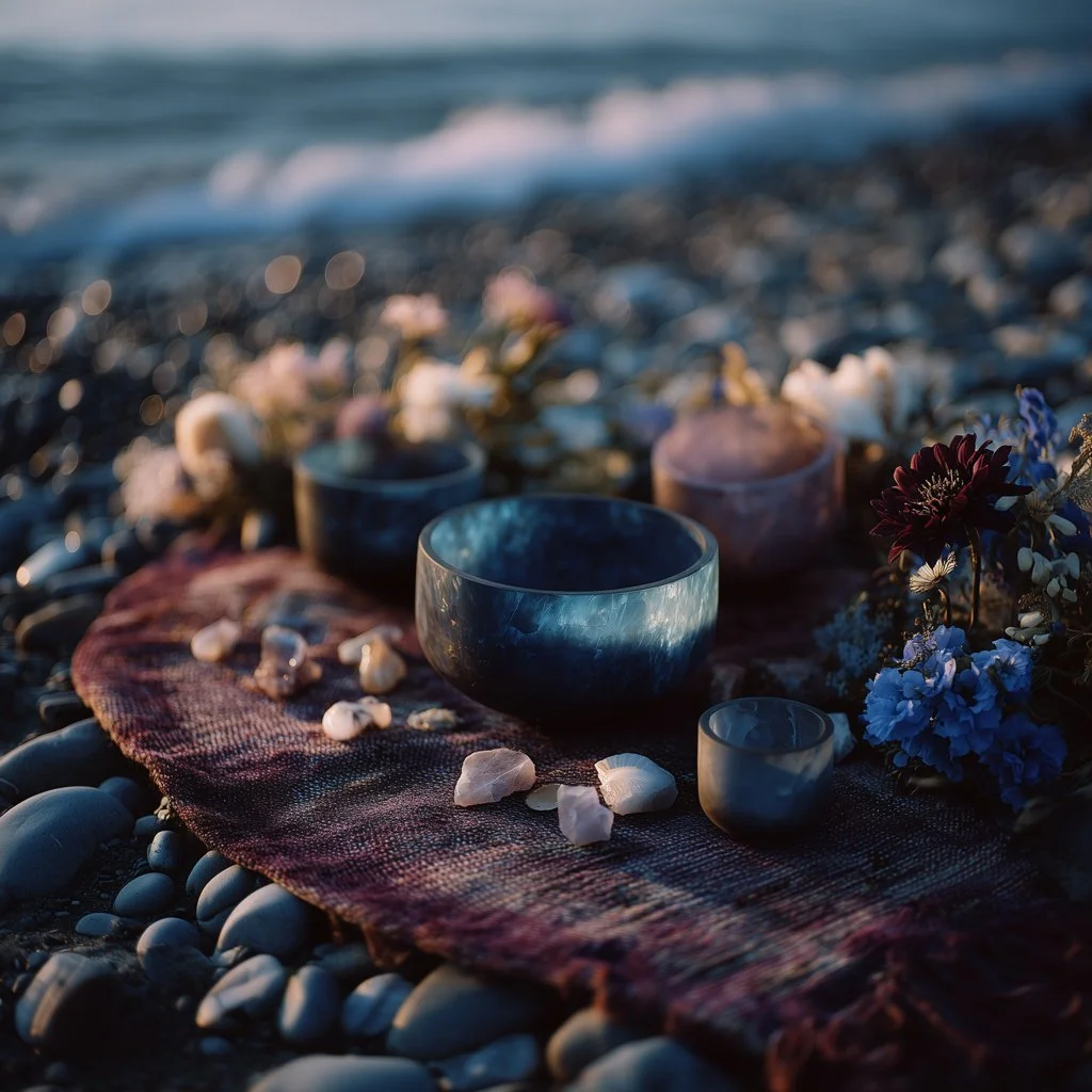 Close-up of a beach sound bath scene with colourful flowers on a fabric, with candles, shells, and pebbles on the sand, and ocean waves in the background.