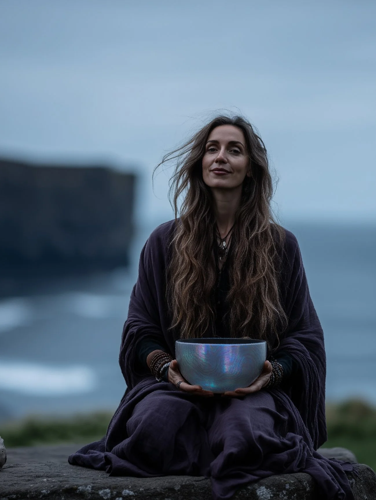 A sound healer woman with long wavy hair sitting at a beach, holding an iridescent crystal bowl, with a dark misty sky in the background.