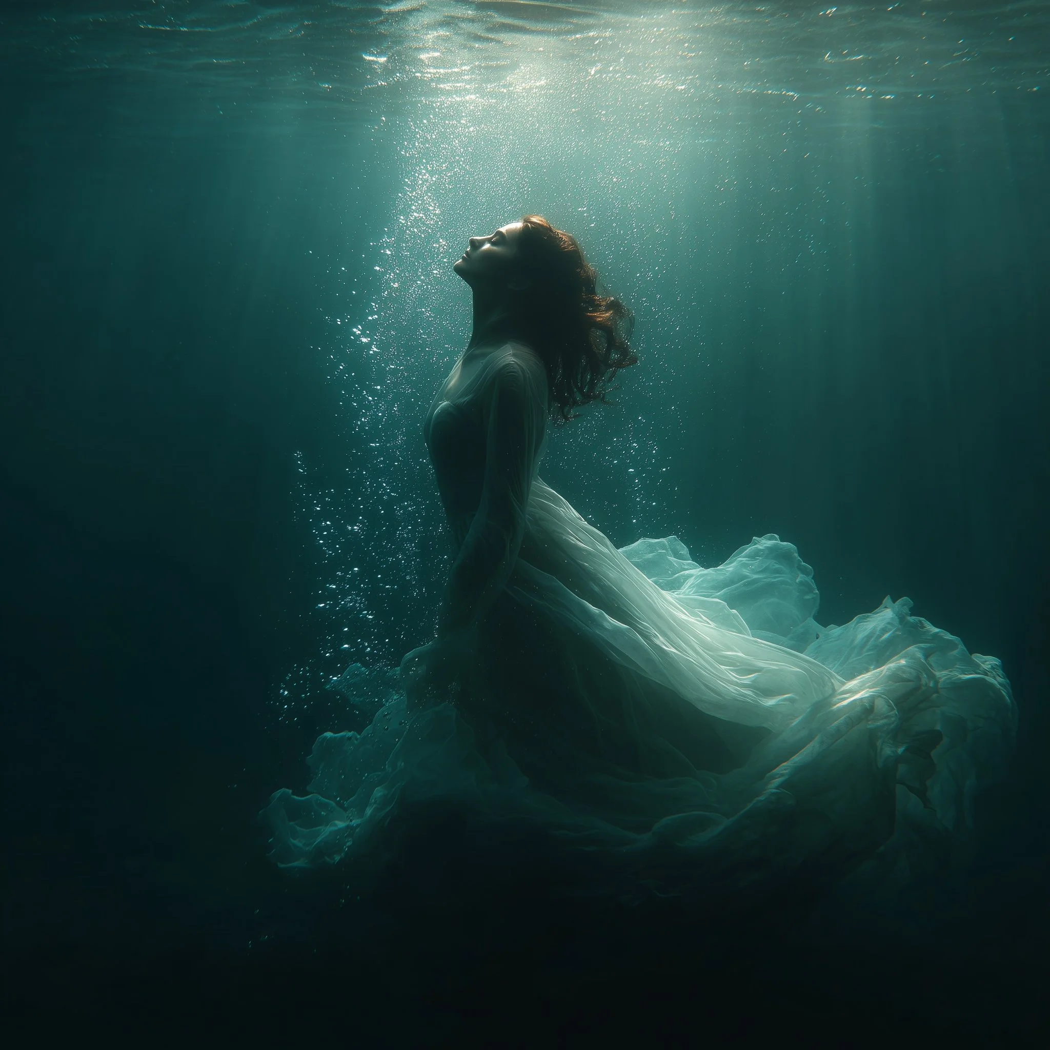 A woman underwater, wearing a long white tulle dress, with sunlight filtering through the water above.