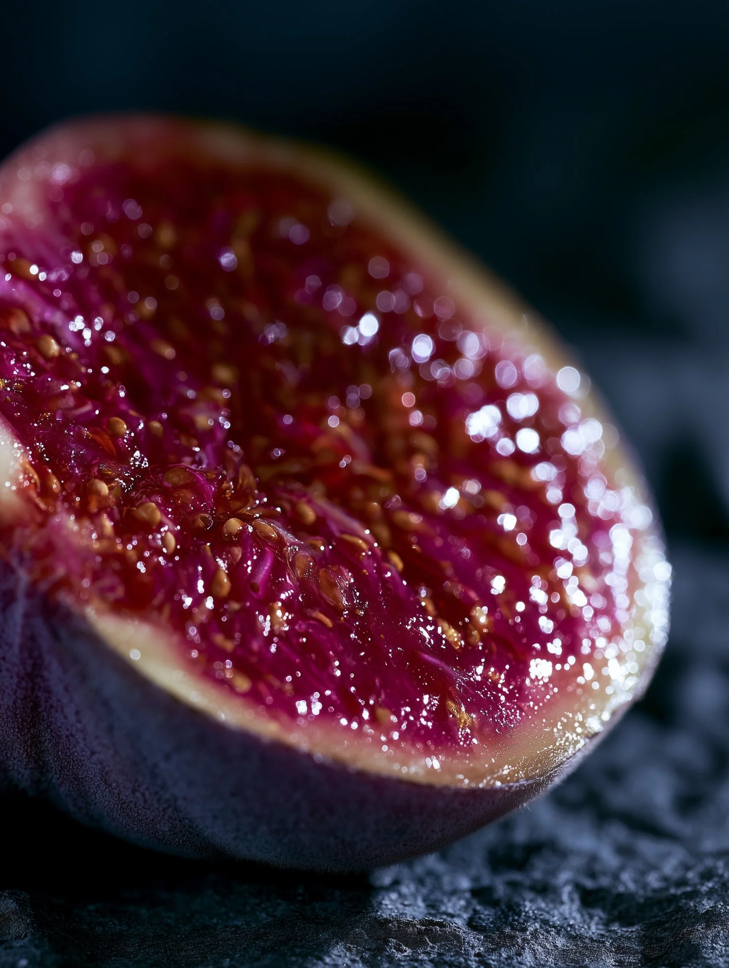Close-up of a halved ripe fig fruit on a dark textured surface, showing its vibrant red interior filled with small seeds and flesh.