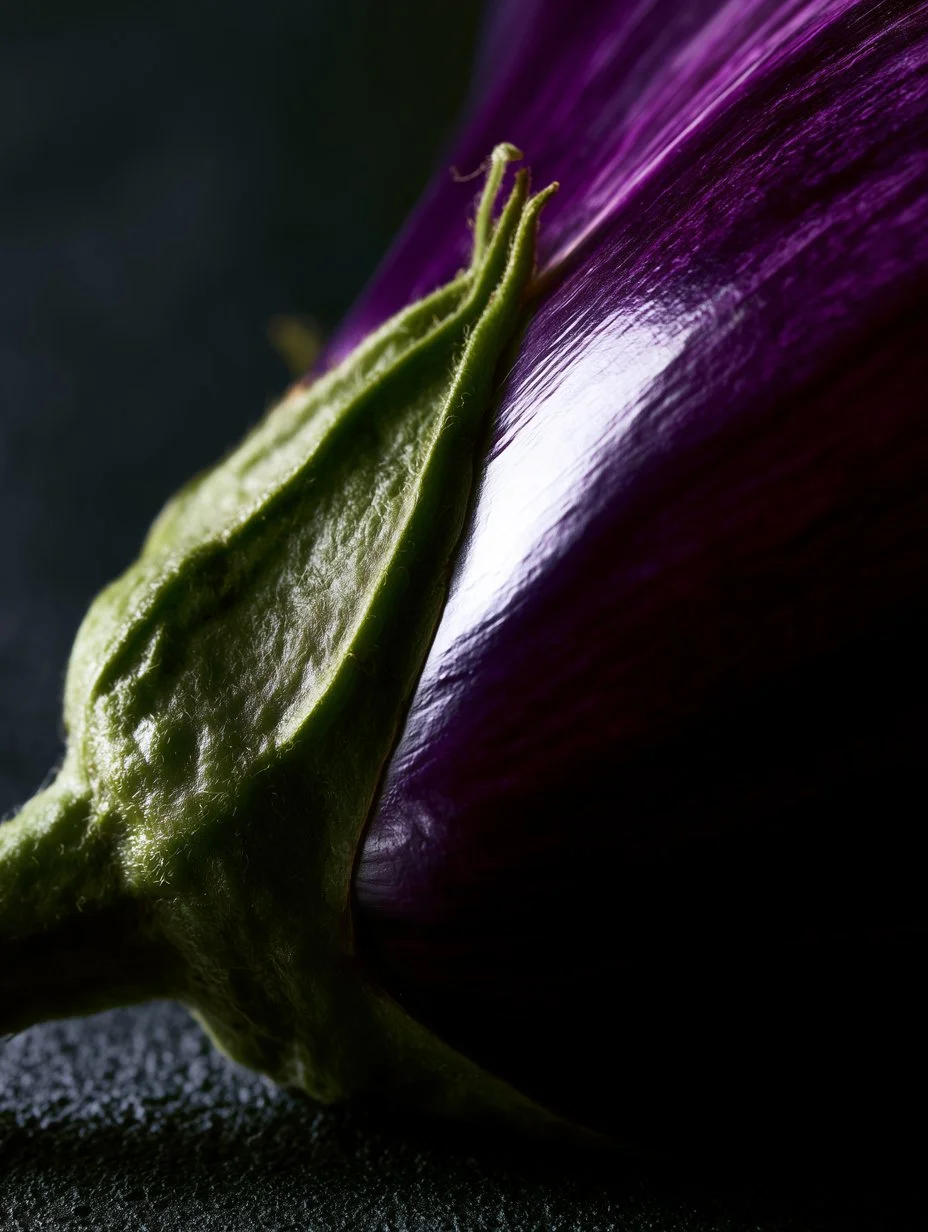 Close-up of a purple aubergine with green stem and sepals, textured surface, on dark background.