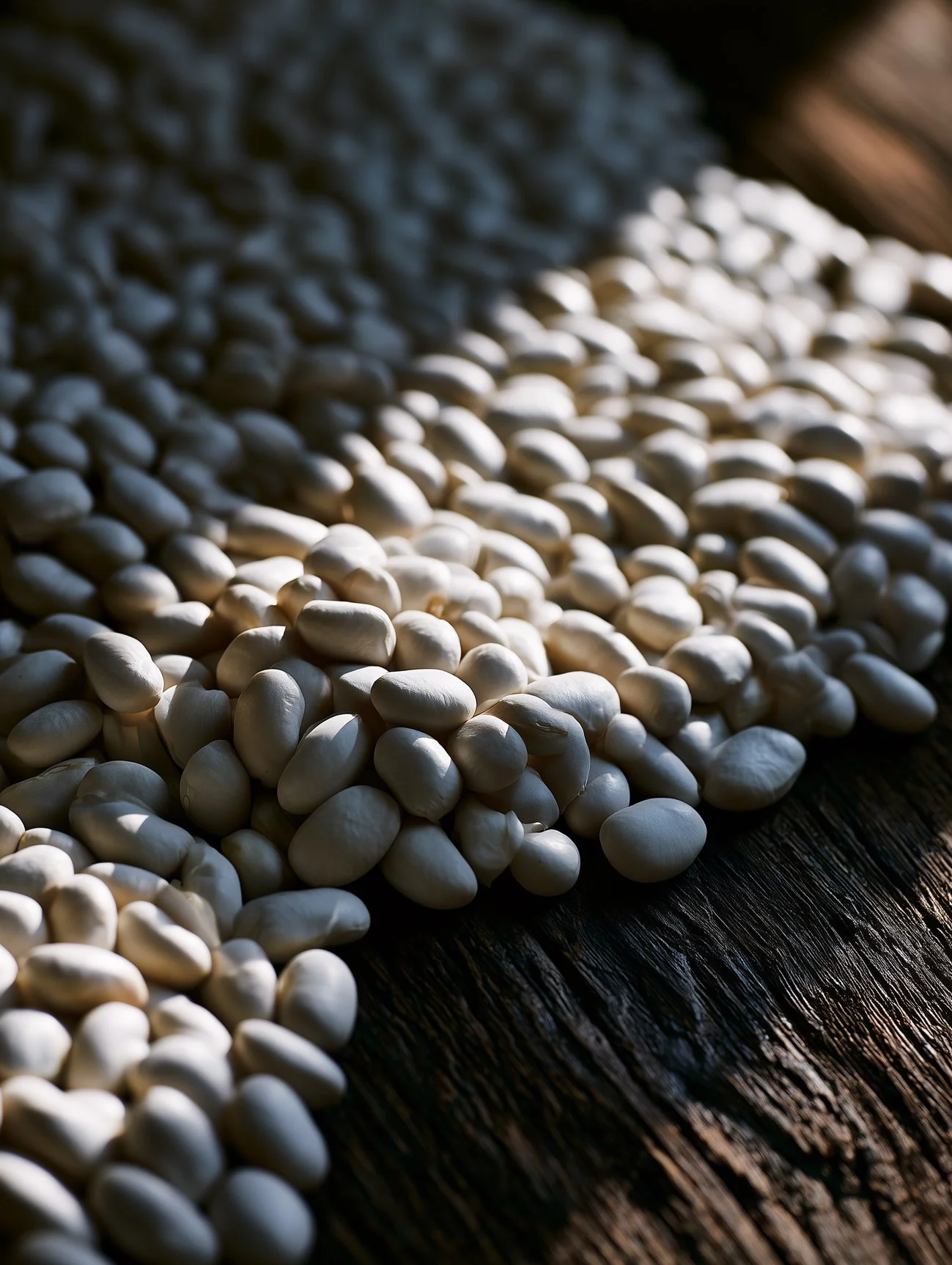 Close-up of white beans spread out on a dark wooden surface with sunlight casting shadows.