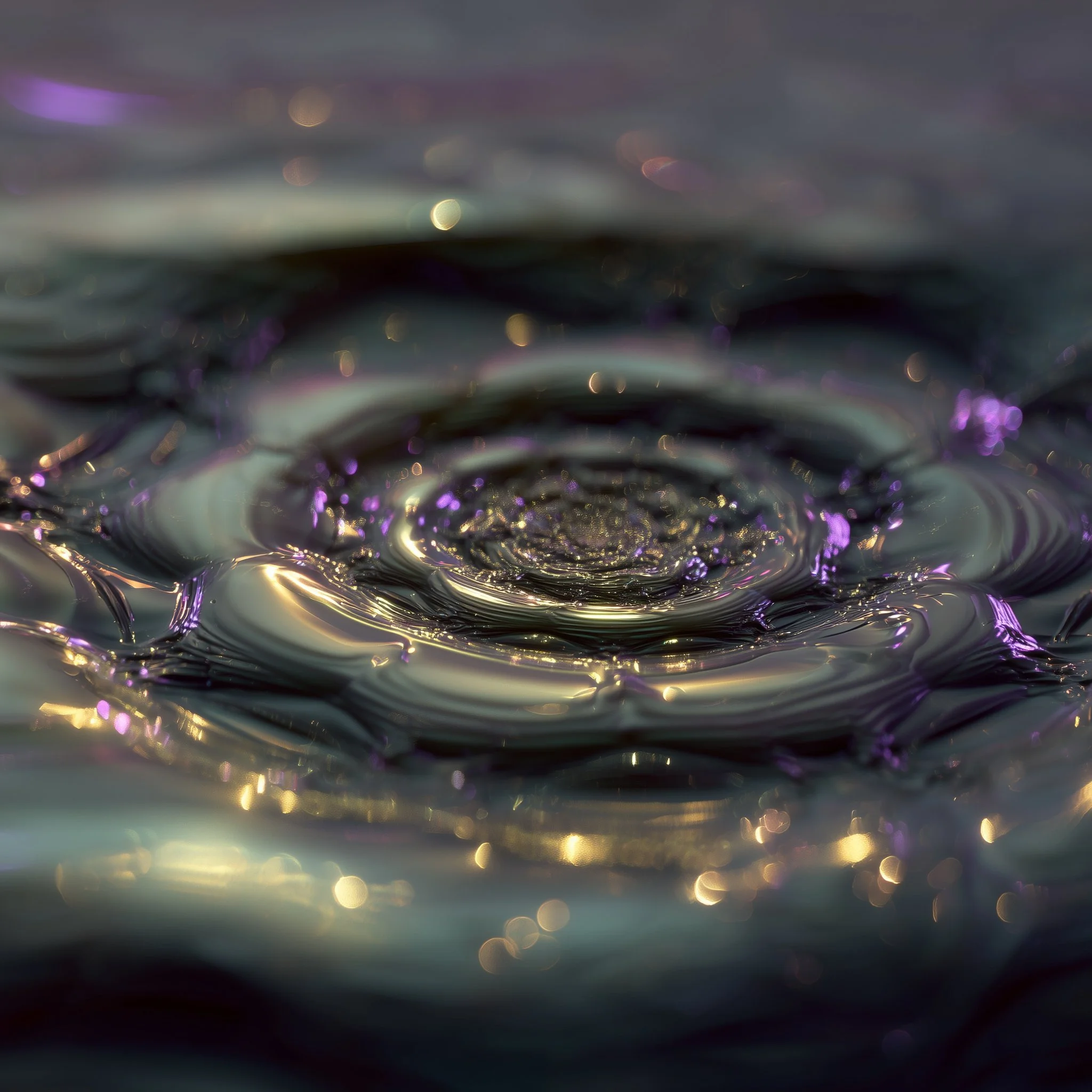 Close-up image of cymatics, rippling water with shimmering reflections and bokeh light spots in purple, gold, and silver tones.