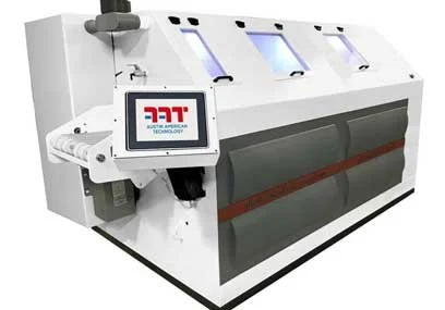 Automated testing or packaging machine with a digital display, featuring a white and gray design with blue lights.