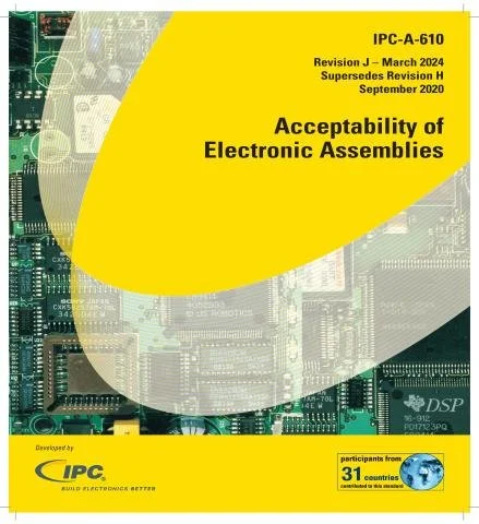 Cover page of the IPC-A-610 document titled 'Acceptability of Electronic Assemblies', Revision J, March 2024, with earlier revision K from September 2020. The document features a yellow and gray design with circuit board images and IPC branding, and mentions participation from 31 countries.