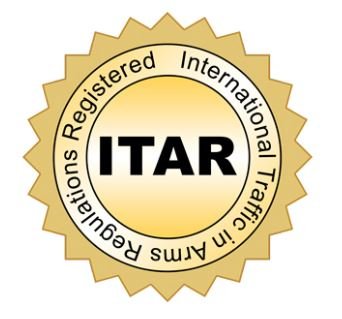 Gold seal badge with black text reading "ITAR" in the center and outer ring saying "Registered International Traffic in Arms Regulations".