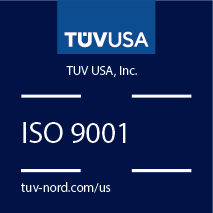 Close-up of a blue certification label for TUV USA with ISO 9001