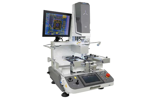 Automated optical inspection machine with a computer screen showing inspection data and robotic arm for precise manufacturing or quality control.