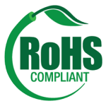 RoHS compliant label in green and white with a leaf design.