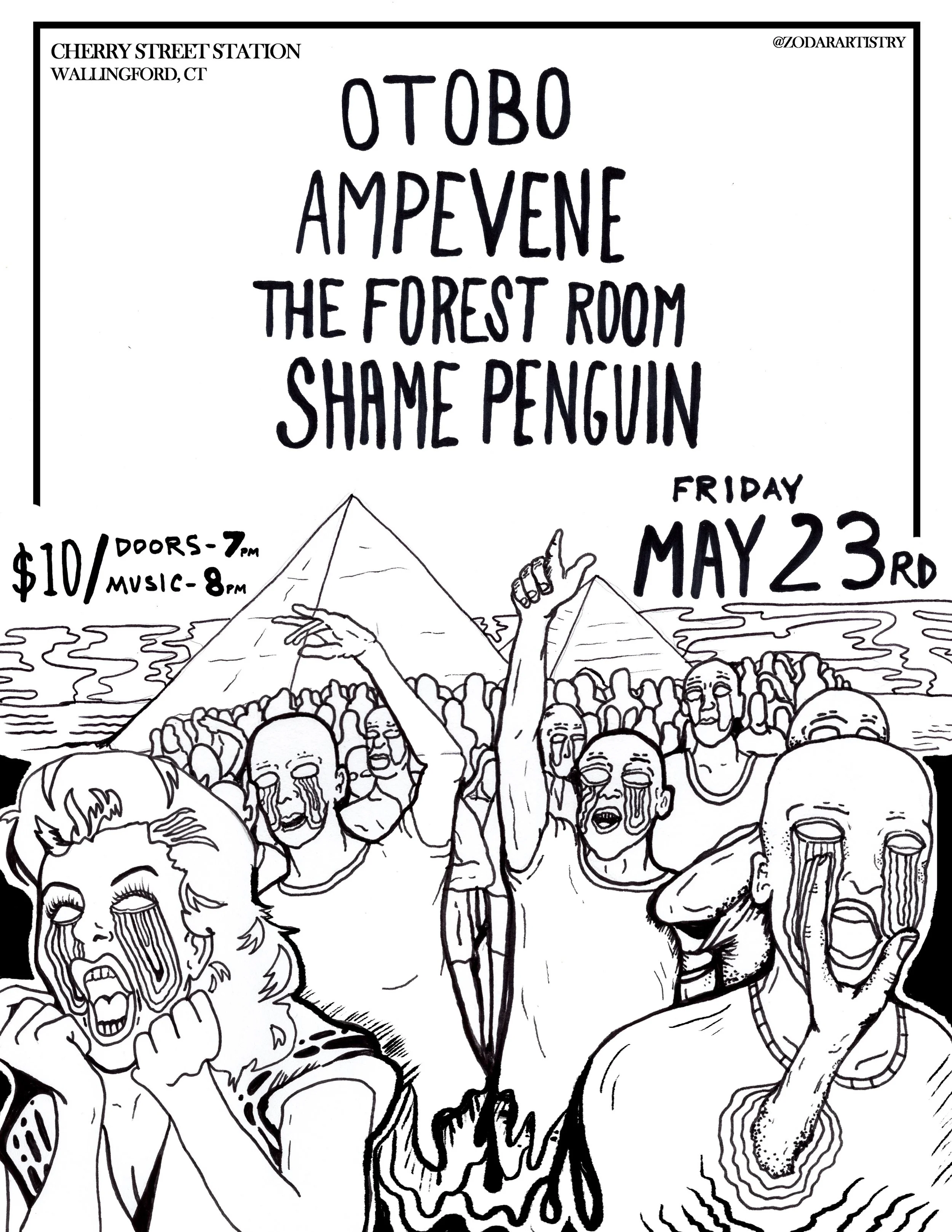 A black-and-white line drawing of a crowded scene with people holding beers and making various expressions. In the background, there are tents and a mountain with the event details written at the top, including the location Cherry Street Station in W