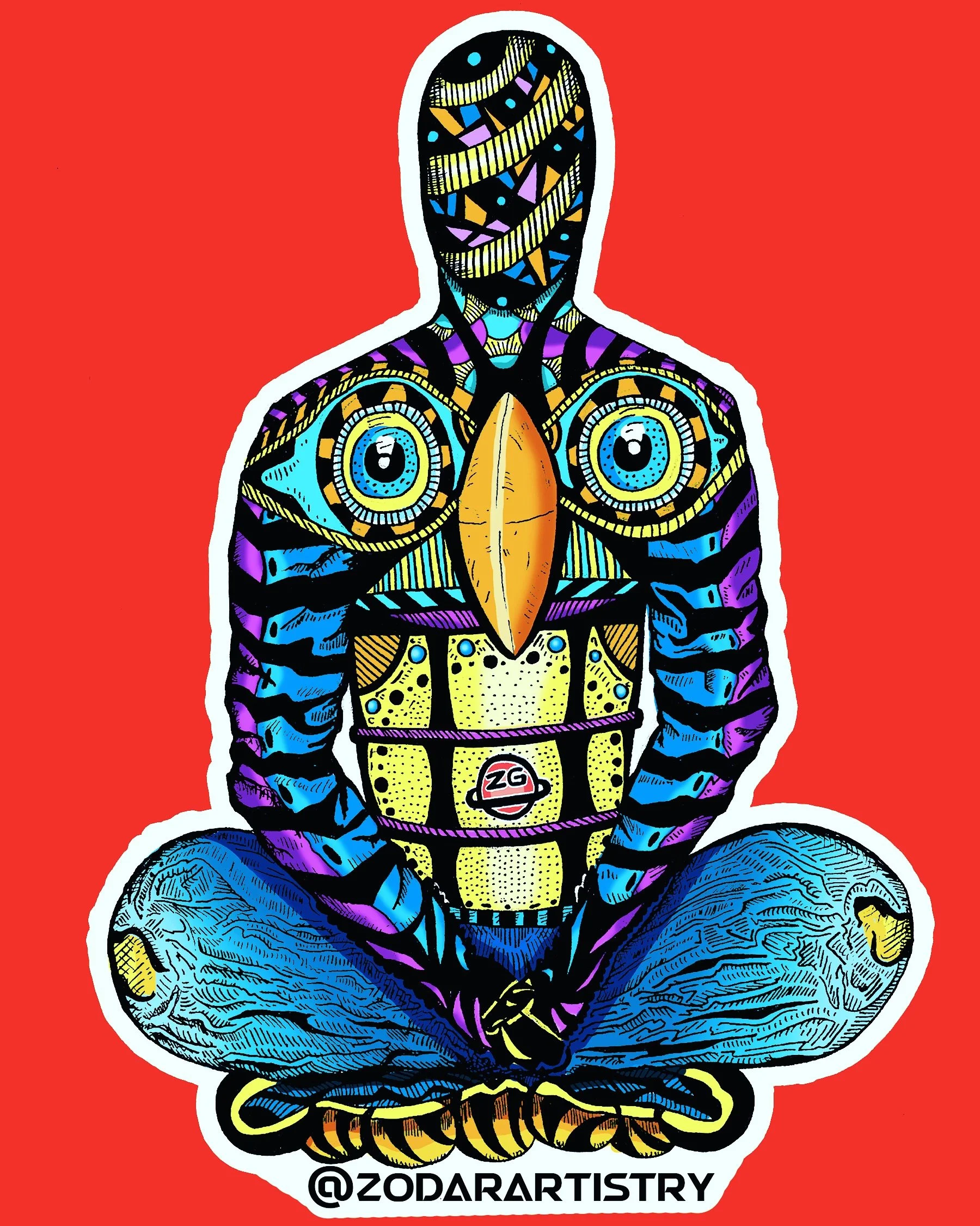 Illustration of a person with a cross-legged pose, detailed with vibrant, abstract patterns resembling a mix of cosmic and street art styles. The figure has a bird beak mask, large circular eyes, and a tattooed appearance, set against a bold red background. The image includes the Twitter handle '@ZODARARTISTRY' at the bottom.