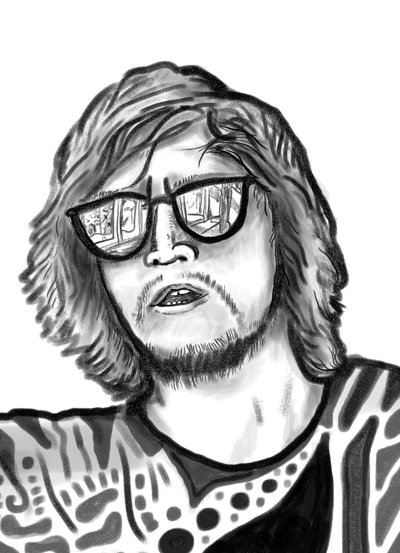 A black and white portrait illustration of a man with long hair, glasses, a goatee, and a mustache, wearing a striped shirt with a polka dot pattern.