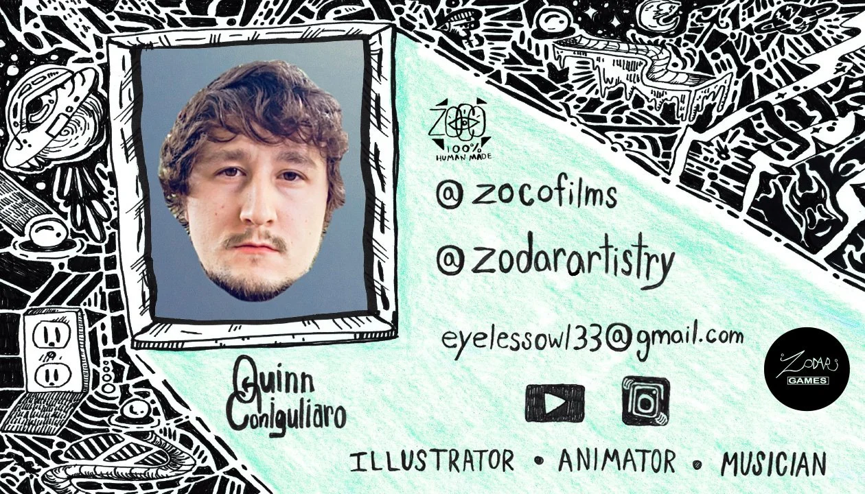 A creative business card featuring a cutout photo of a young man's face, along with contact information and social media handles for Quinn Conigliaro, an illustrator, animator, and musician. The card has a comic-style black and white doodle background and includes icons for YouTube and Instagram.