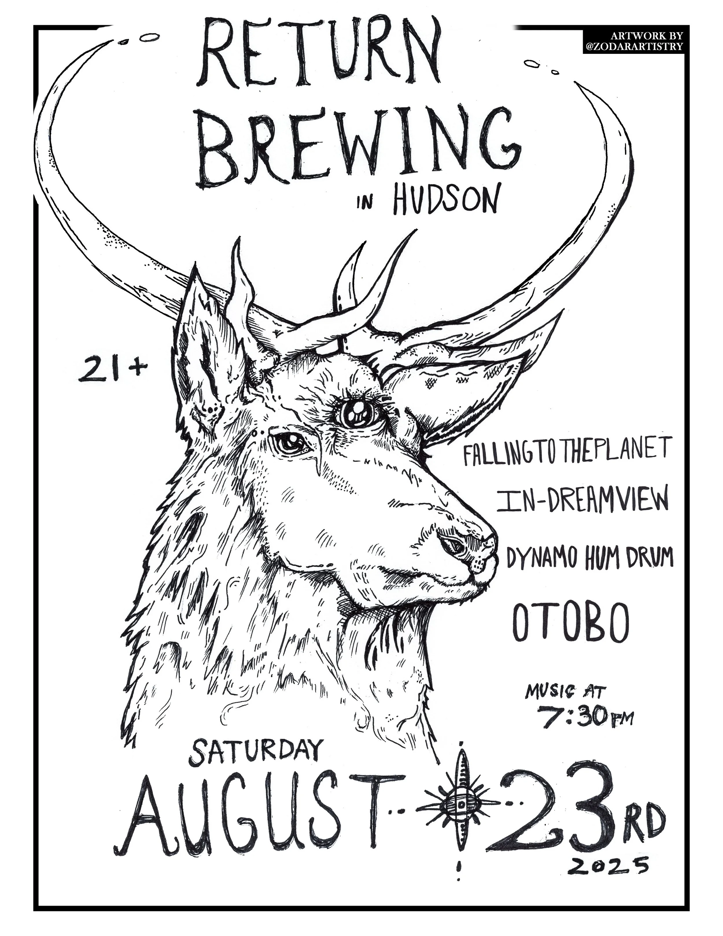 A black and white poster for a music event titled 'Return Brewing in Hudson,' featuring a detailed sketch of a deer's head with large antlers, and various handwritten texts advertising the event date, time, age restrictions, and music details.