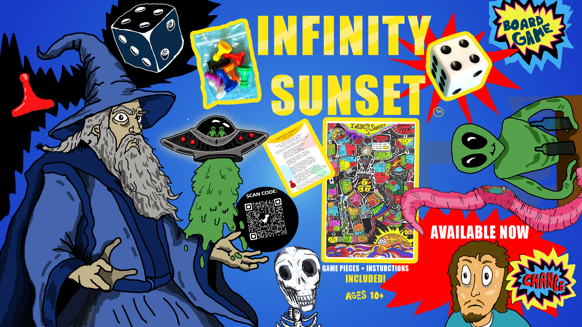 Colorful illustrated board game called 'Infinity Sunset' featuring a wizard with a beard, UFO, alien, space skull, and various game pieces, instructions, and QR code, with bright colors, speech bubbles, and cartoon characters.