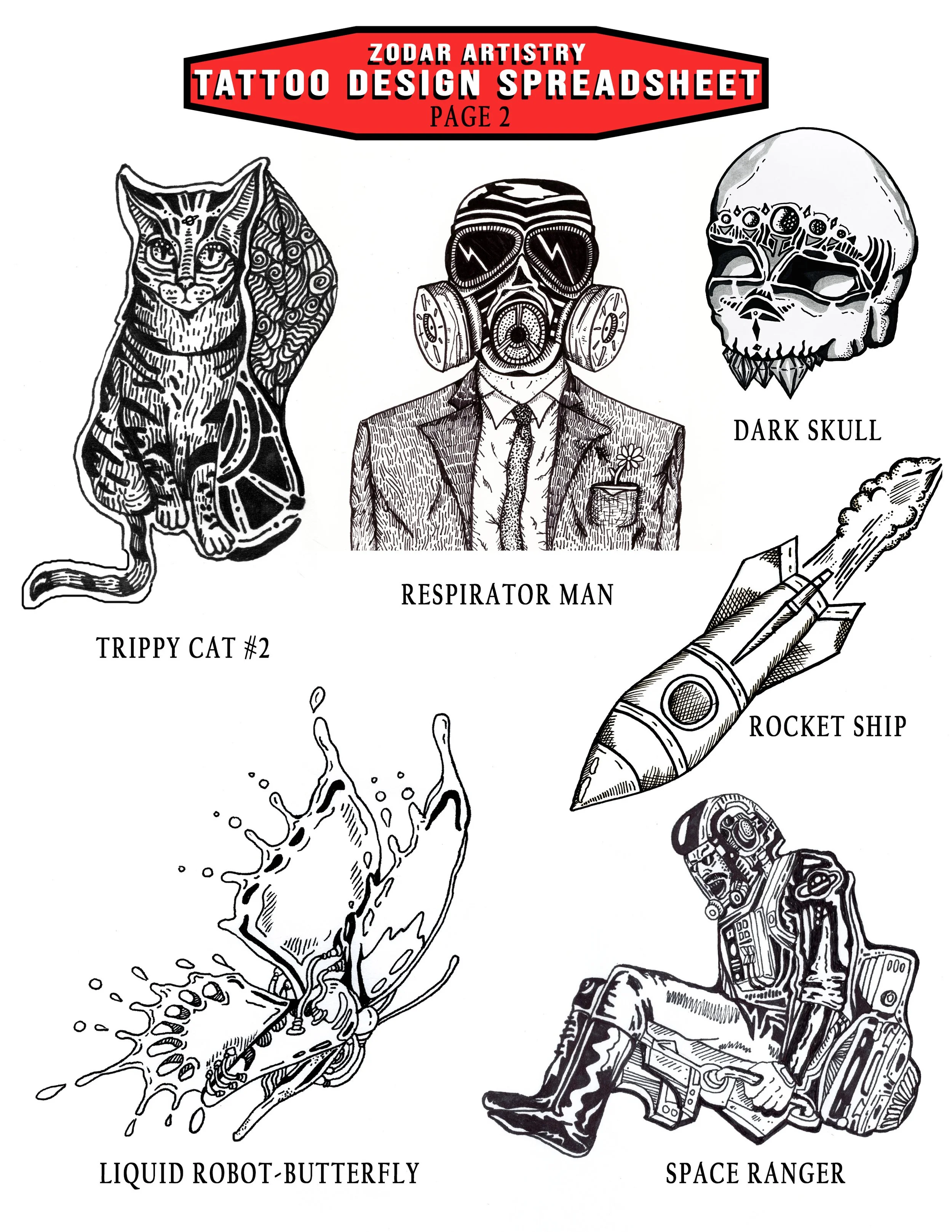 Black and white tattoo design sheet featuring various designs labeled as page 2. The designs include a trippy cat with swirling patterns, a character in a suit with a gas mask and a flower in the pocket labeled as 'Respirator Man,' a detailed skull labeled 'Dark Skull,' a liquid robot-butterfly, a rocket ship, and a space ranger robot in futuristic armor.